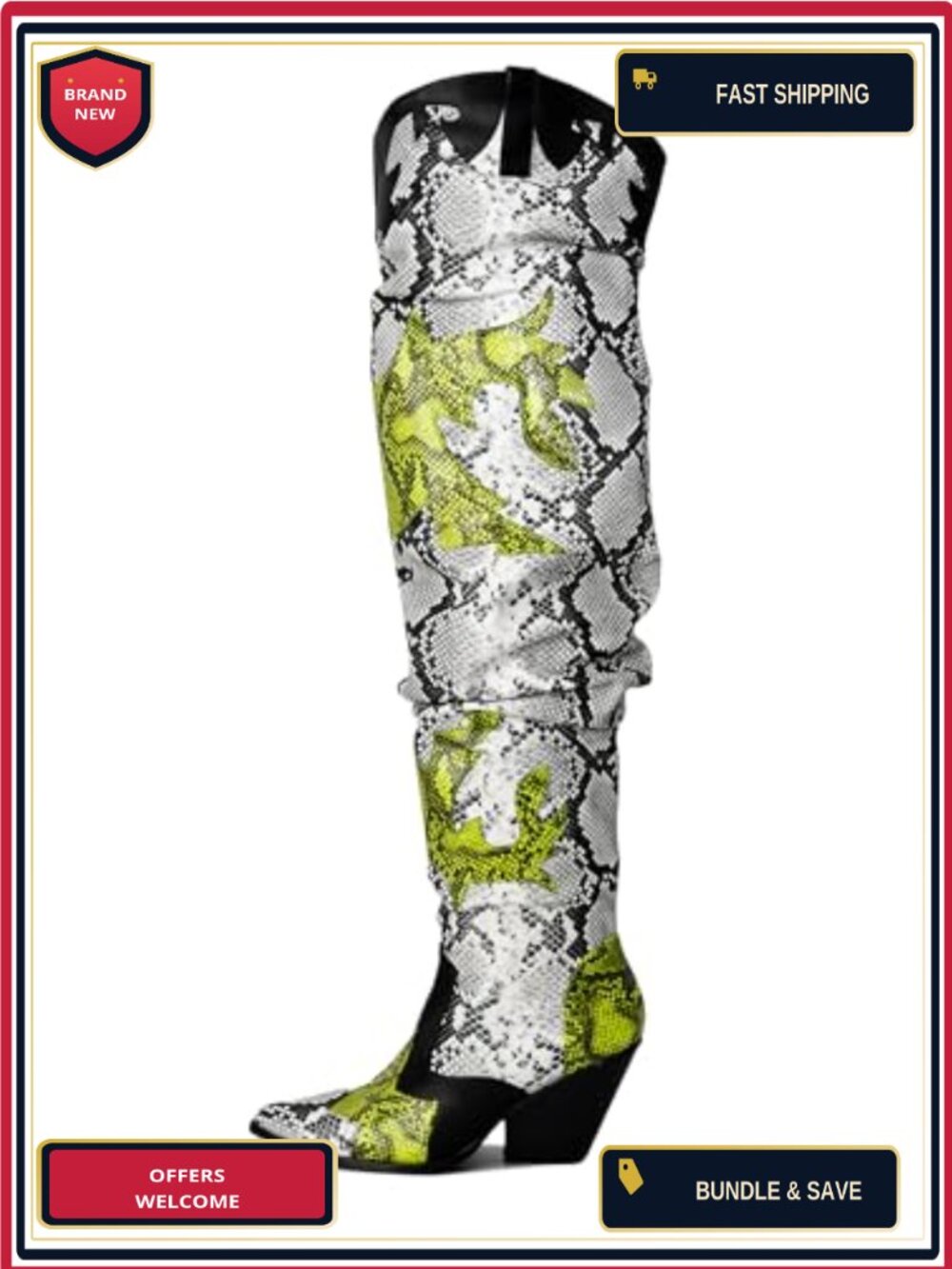 Faux Snakeskin Thigh High Cowboy Boots Chunky Heel Over Knee Western Booties